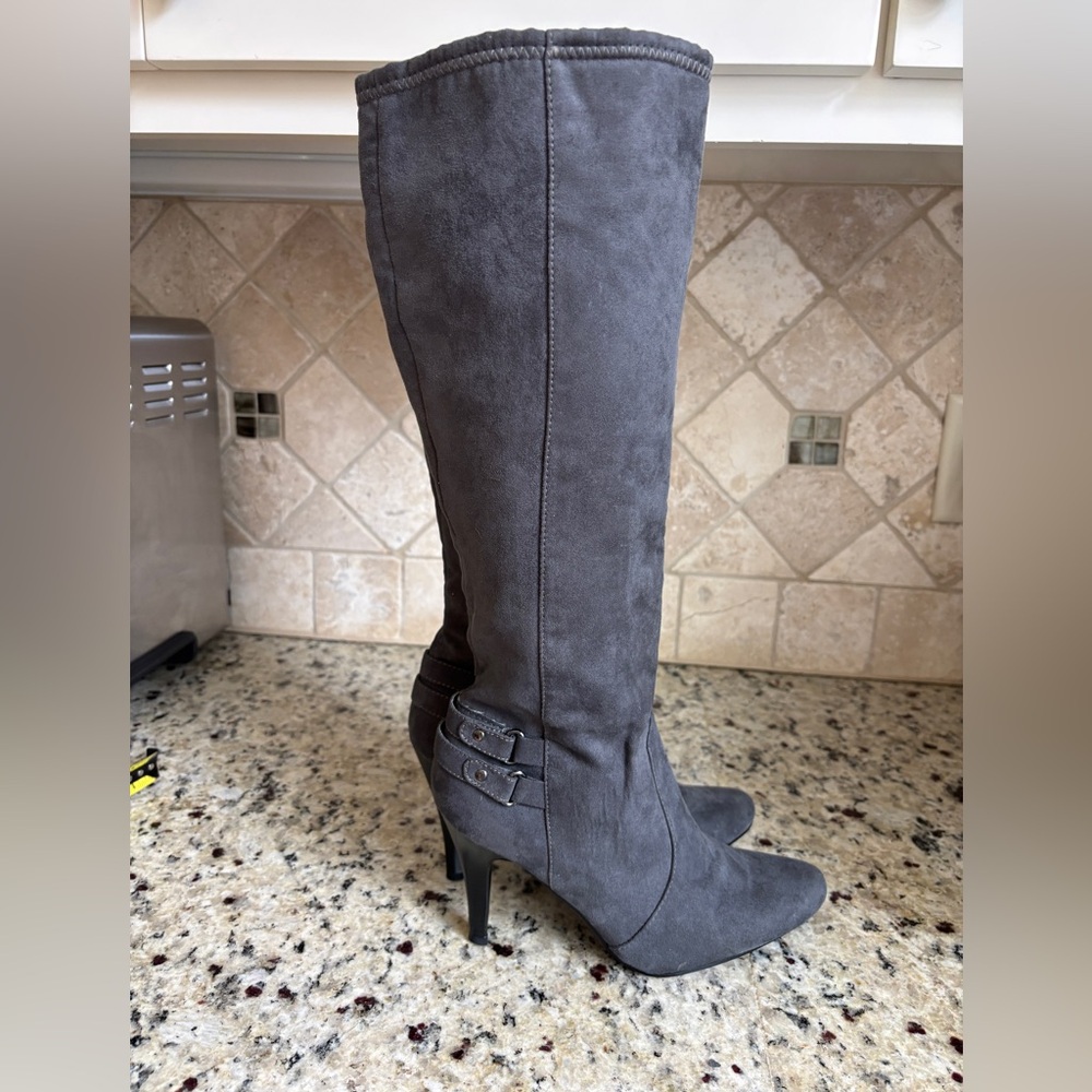 New Directions Charity Faux Suede Pointed Toe Gray Heeled Boots